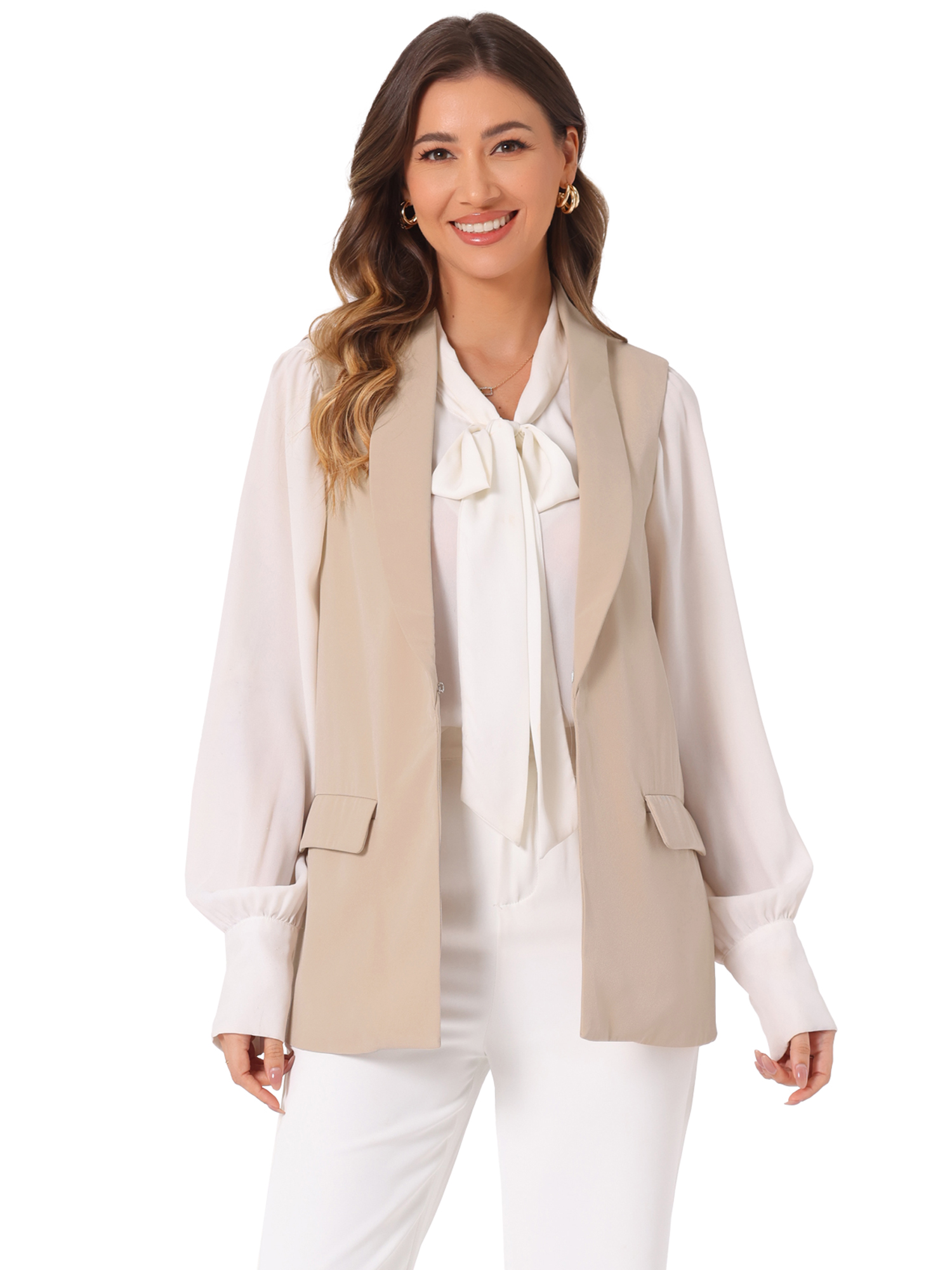 DARING DIVA Women's Shawl Collar Open Front Work Office Suit Vest Jacket XS Khaki