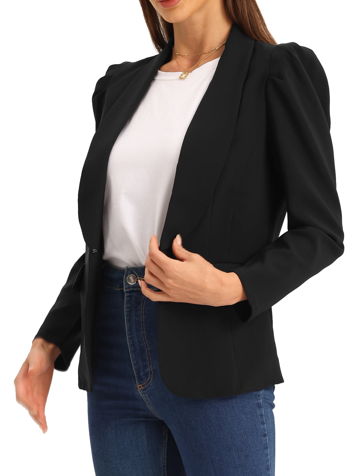 DARING DIVA Women's Shawl Collar Puff Sleeve Business Casual Blazer S Black