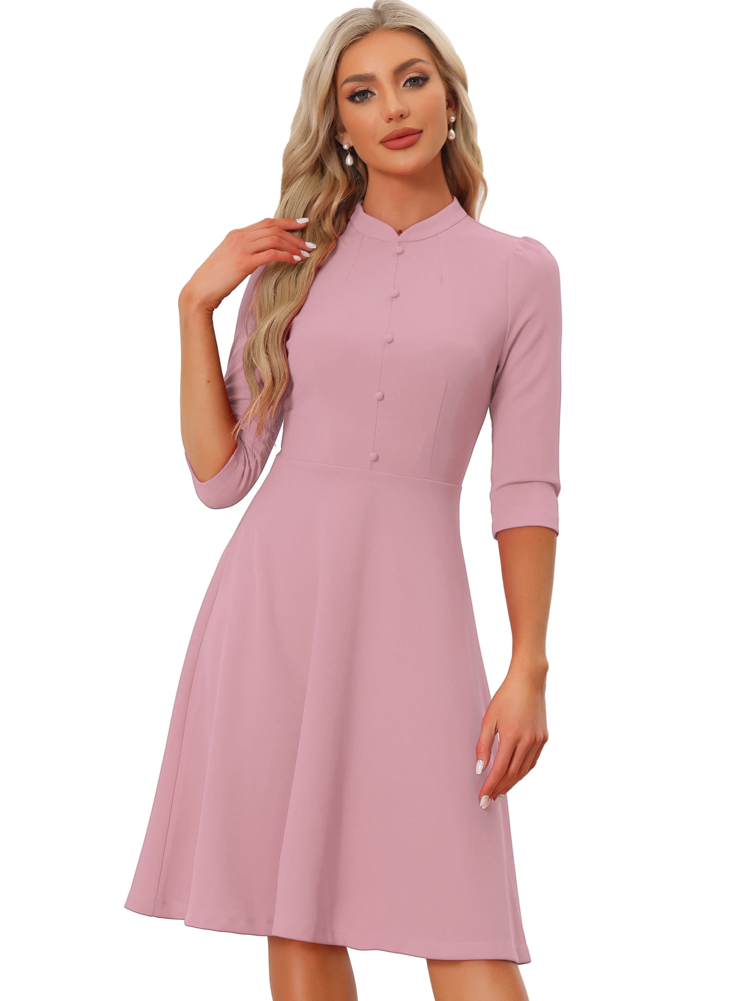 DARING DIVA Women's Sheath 3/4 Sleeves Stand Collar A-Line Dress L Pink