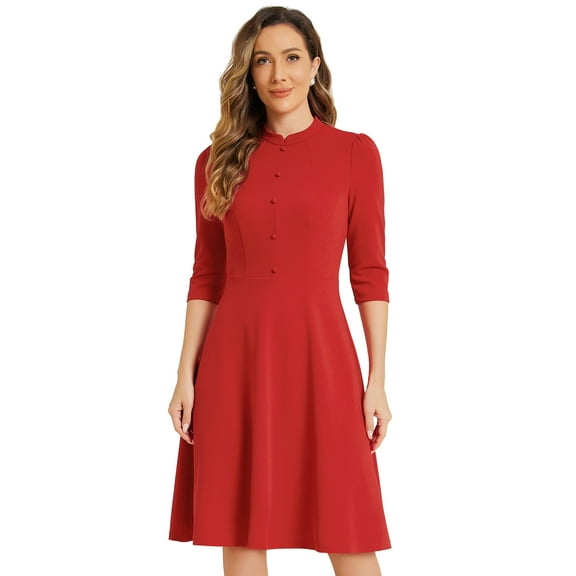 DARING DIVA Women's Sheath 3/4 Sleeves Stand Collar A-Line Dress L Red