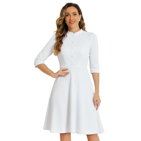 DARING DIVA Women's Sheath 3/4 Sleeves Stand Collar A-Line Dress M White