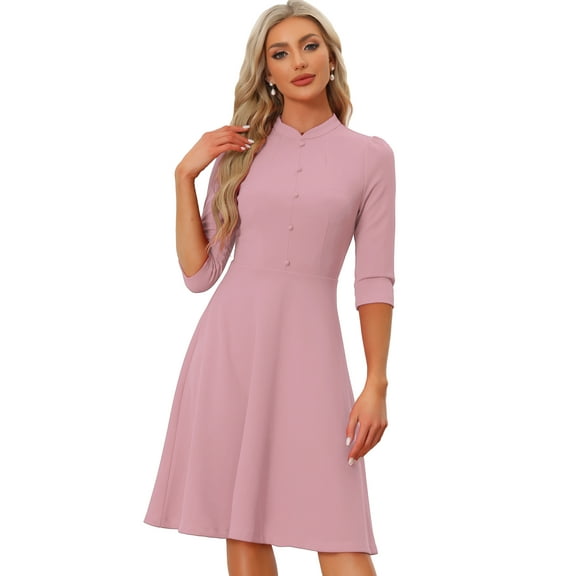 DARING DIVA Women's Sheath 3/4 Sleeves Stand Collar A-Line Dress S Pink