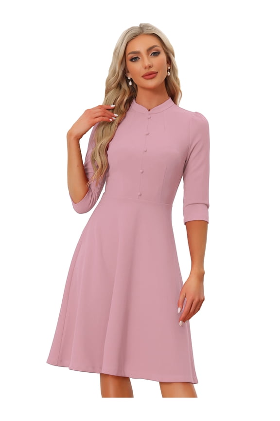 Women's Sheath 3/4 Sleeves Stand Collar A-Line Dress S Pink