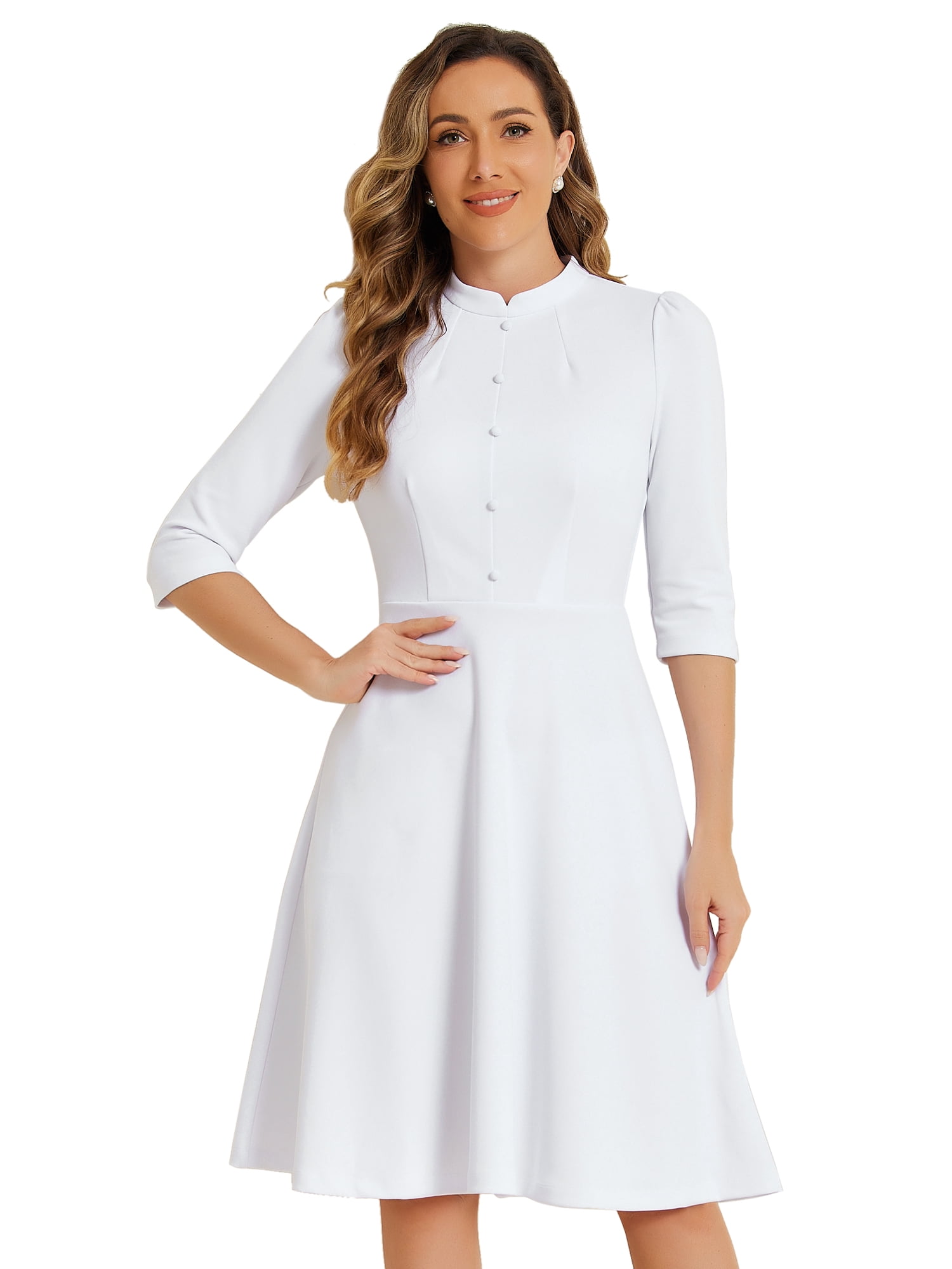 DARING DIVA Women's Sheath 3/4 Sleeves Stand Collar A-Line Dress S White