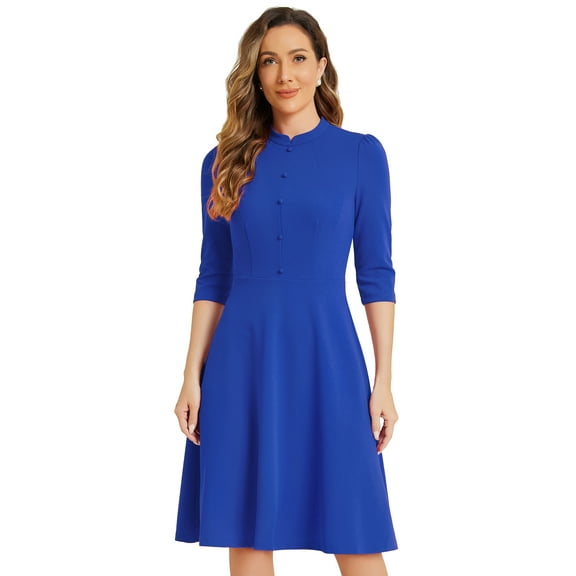 DARING DIVA Women's Sheath 3/4 Sleeves Stand Collar A-Line Dress XL Royal Blue