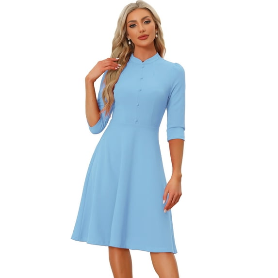 DARING DIVA Women's Sheath 3/4 Sleeves Stand Collar A-Line Dress XL Sky Blue