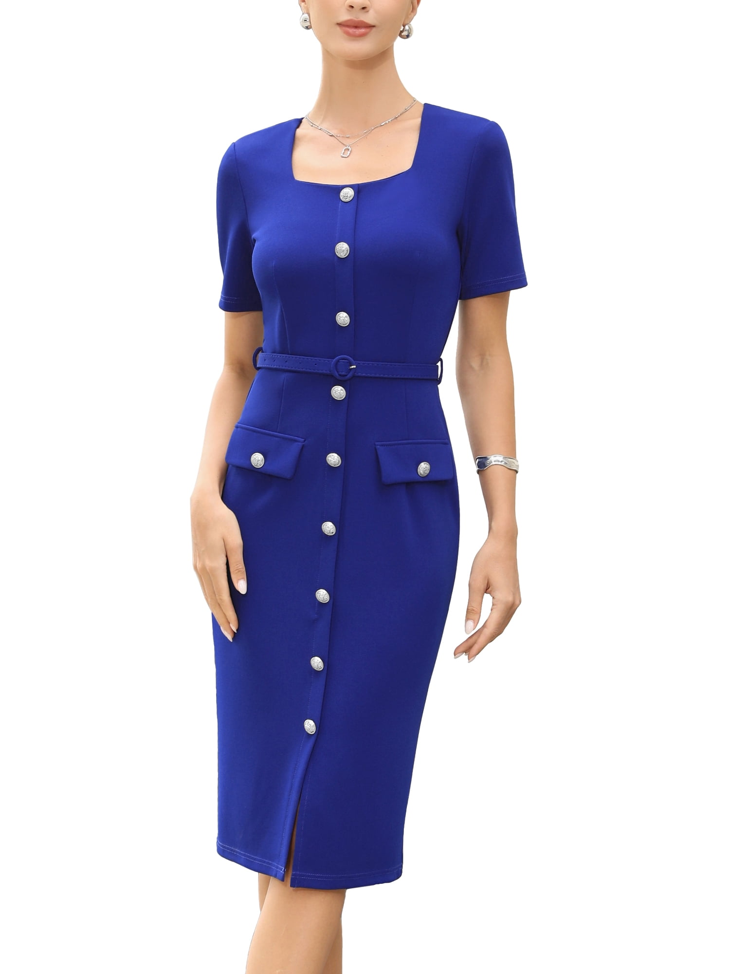 DARING DIVA Women's Sheath Dress with Square Neck and Belt for Formal Event XS Royal Blue