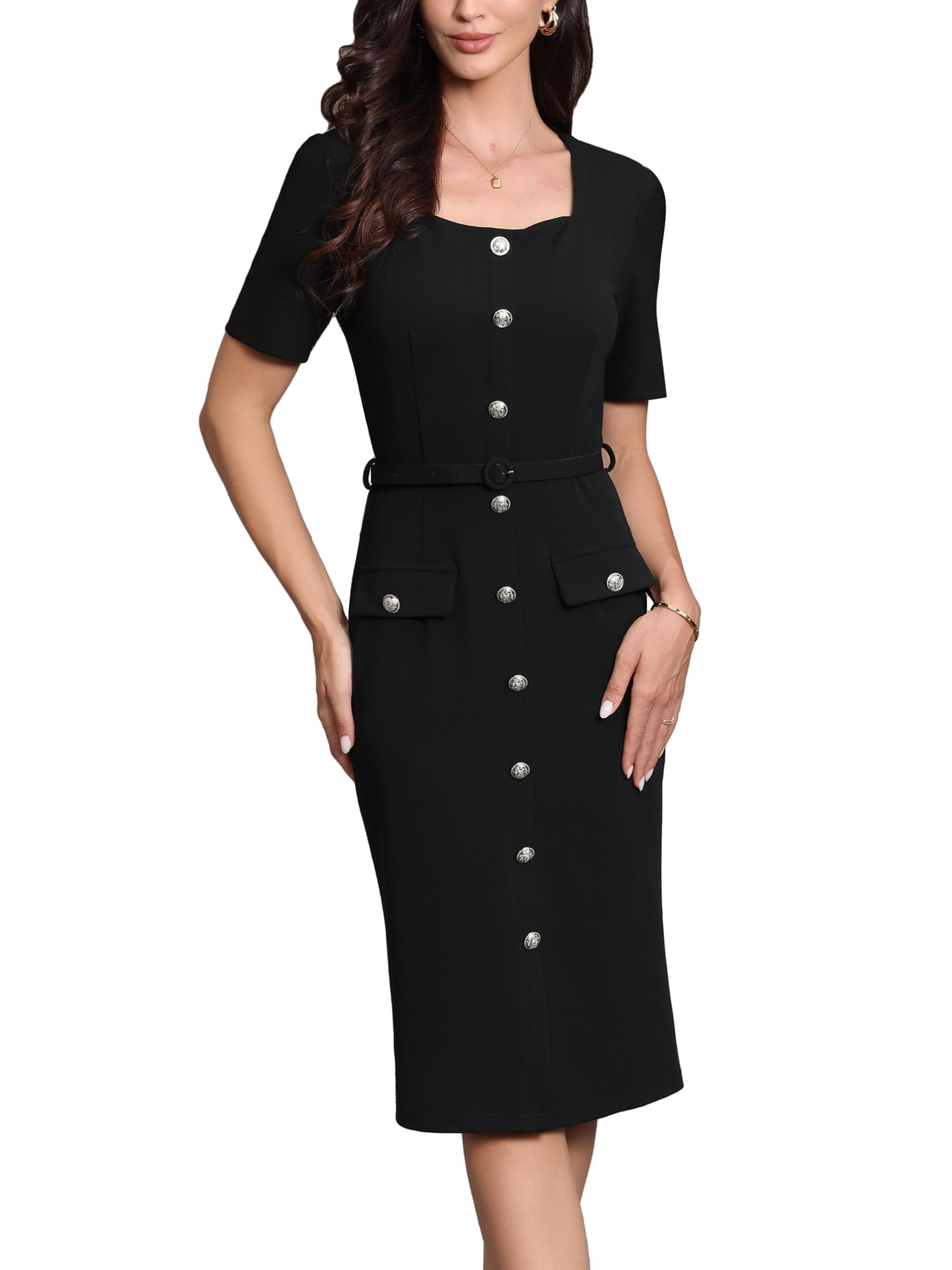 DARING DIVA Women's Sheath Dress with Square Neck and Belt for Formal Events XL Black