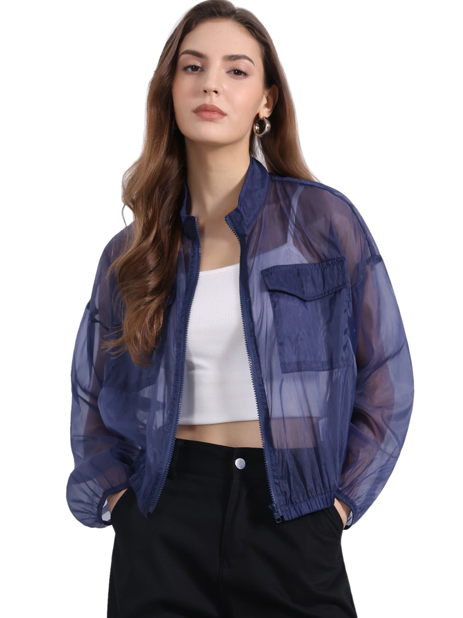 DARING DIVA Women's Sheer Bomber Zip Up Long Sleeve See Through Jackets S Dark Blue