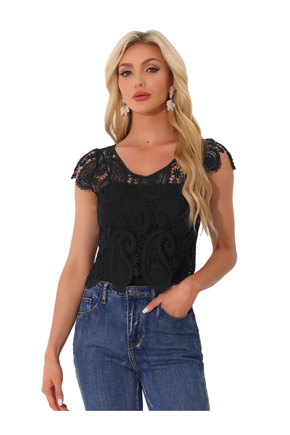 Women's Sheer Crochet Boho Blouses with Scalloped Edges S Black