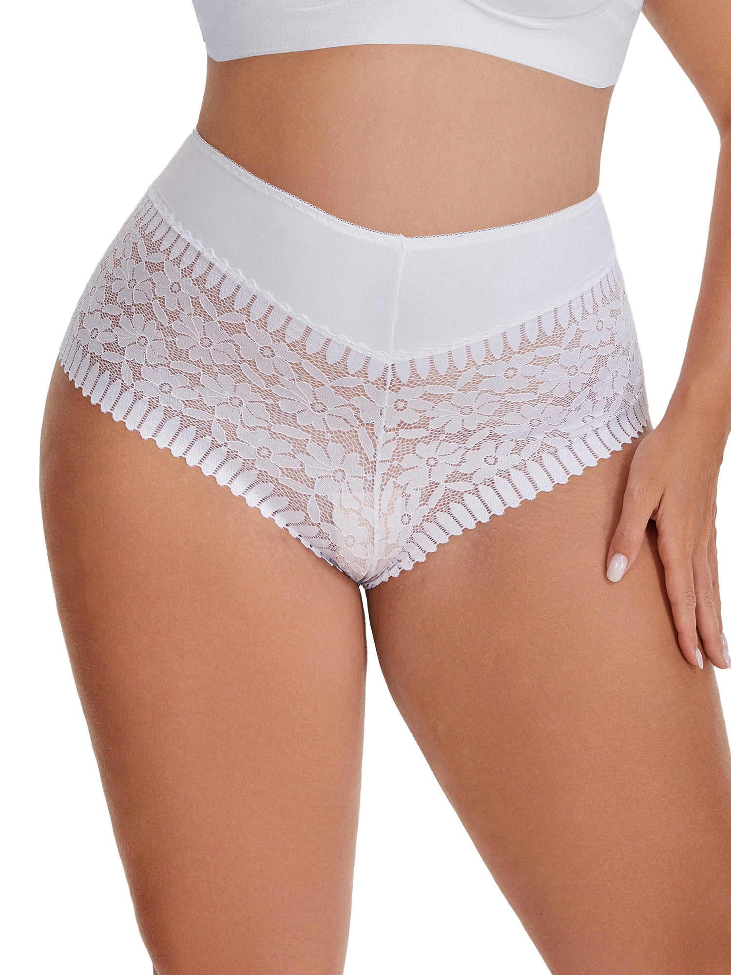 DARING DIVA Women's Sheer Lace Trim Mid Rise Briefs for Comfort and Style XL White