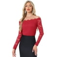 thumbnail image 1 of DARING DIVA Women's Sheer Long Sleeves Off Shoulder Floral Lace Tops L Red, 1 of 6