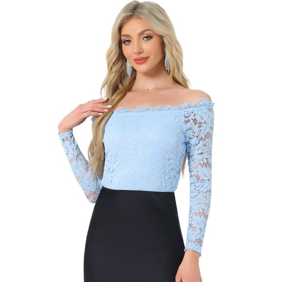 DARING DIVA Women's Sheer Long Sleeves Off Shoulder Floral Lace Tops M Sky Blue