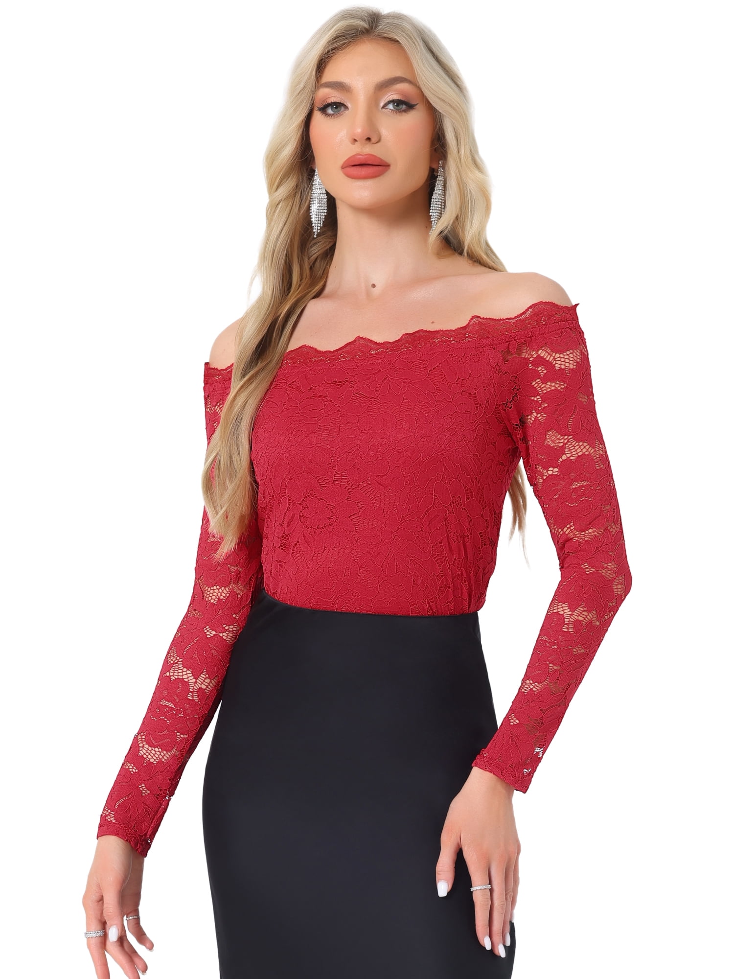 DARING DIVA Women's Sheer Long Sleeves Off Shoulder Floral Lace Tops S Red