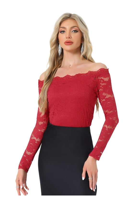 Women's Sheer Long Sleeves Off Shoulder Floral Lace Tops S Red