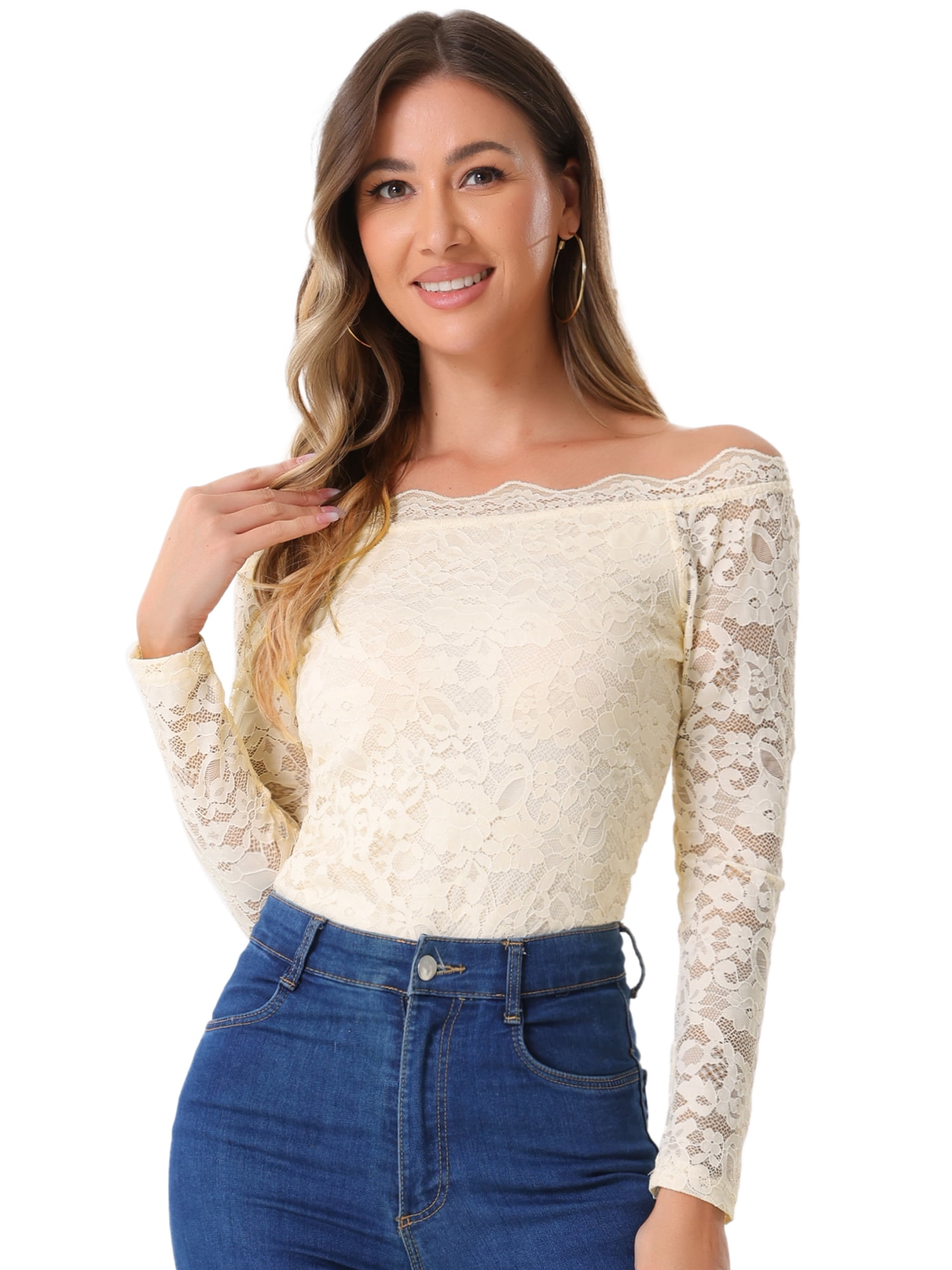 DARING DIVA Women's Sheer Long Sleeves Off Shoulder Floral Lace Tops XL Beige