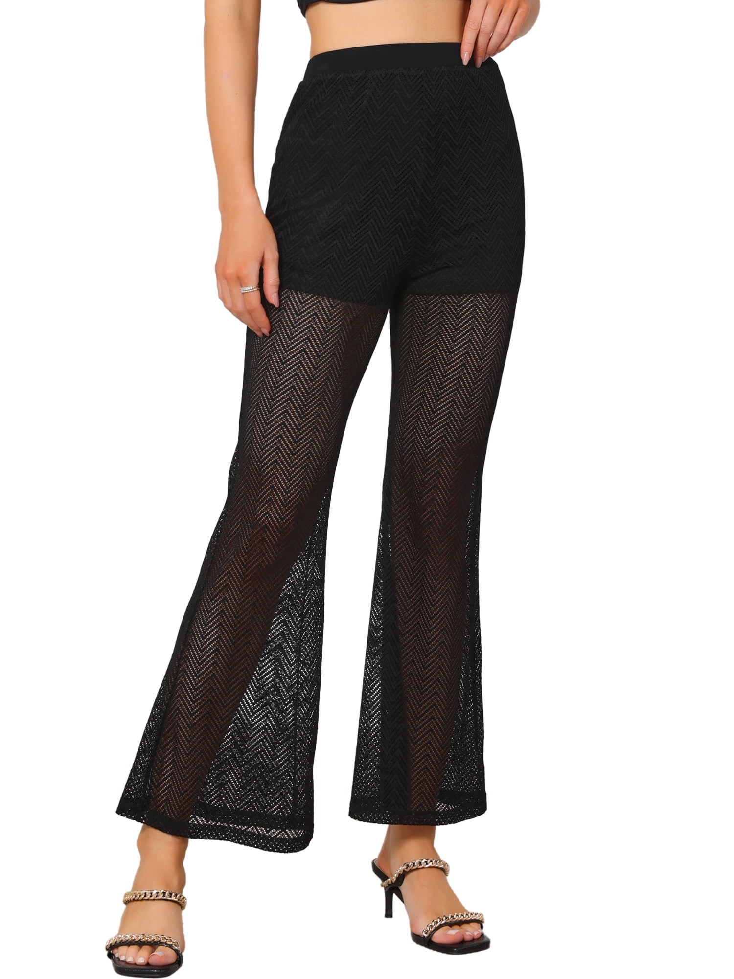 DARING DIVA Women's Sheer Mech Pants Dressy Flare Goth Long Trousers Medium Black