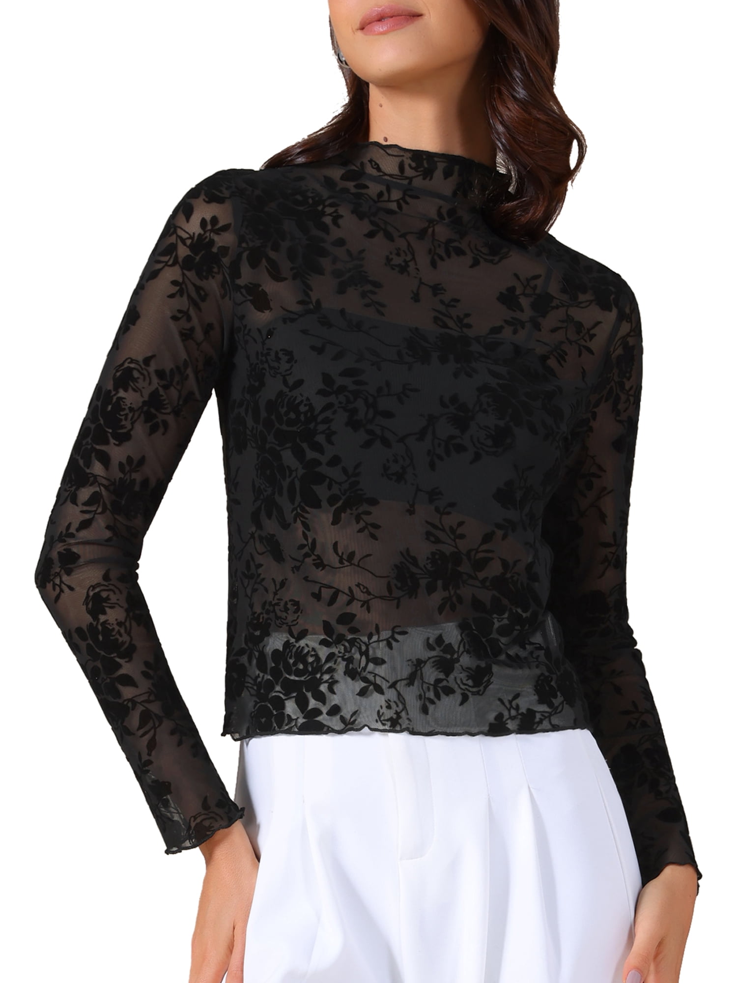 DARING DIVA Women's Sheer Mesh Floral Mock Neck Long Sleeve Blouses XL Black