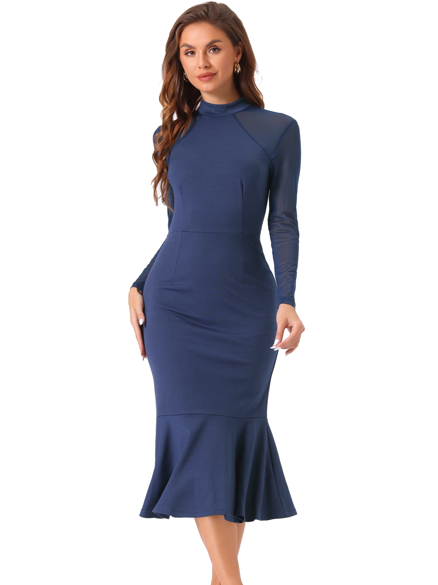 DARING DIVA Women's Sheer Mesh Mock Neck Elegant Mermaid Dresses XS Navy Blue