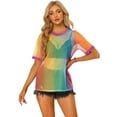 thumbnail image 1 of DARING DIVA Women's Sheer Mesh Top Contrast Short Sleeve T-Shirt L Pink Rainbow, 1 of 6