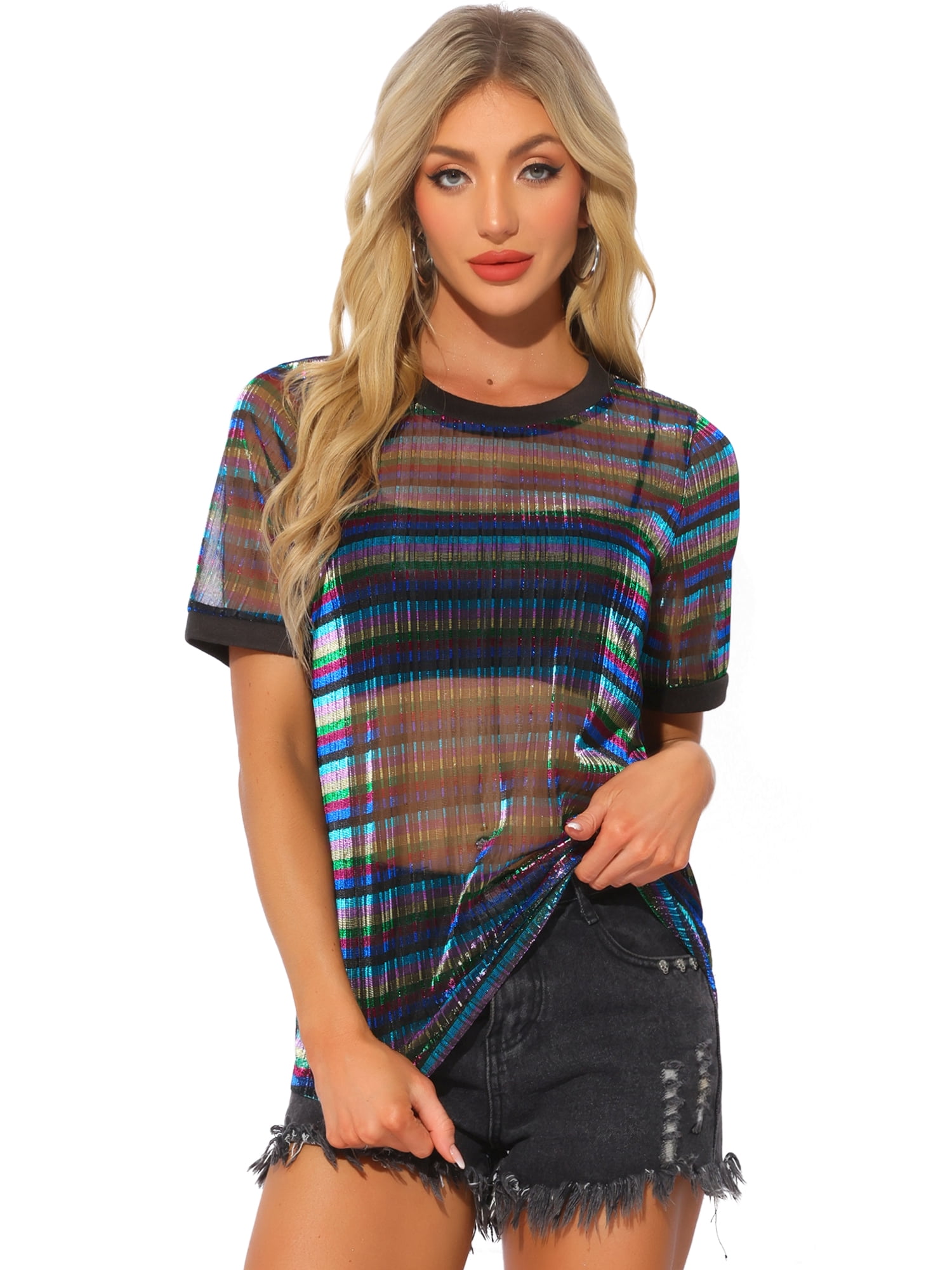 DARING DIVA Women's Sheer Mesh Top Contrast Short Sleeve T-Shirt M Multicolor Black