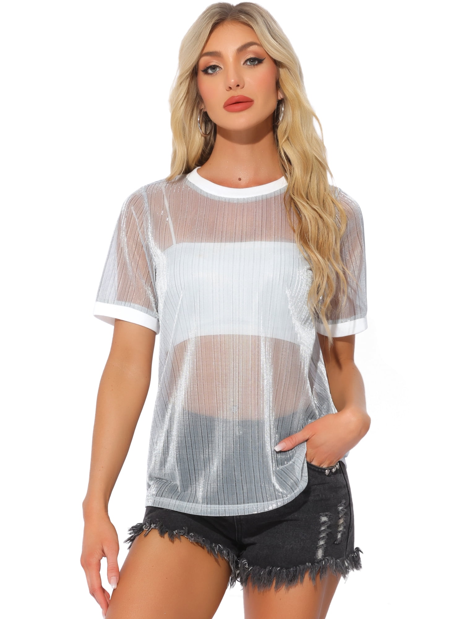 DARING DIVA Women's Sheer Mesh Top Contrast Short Sleeve T-Shirt M Silver White
