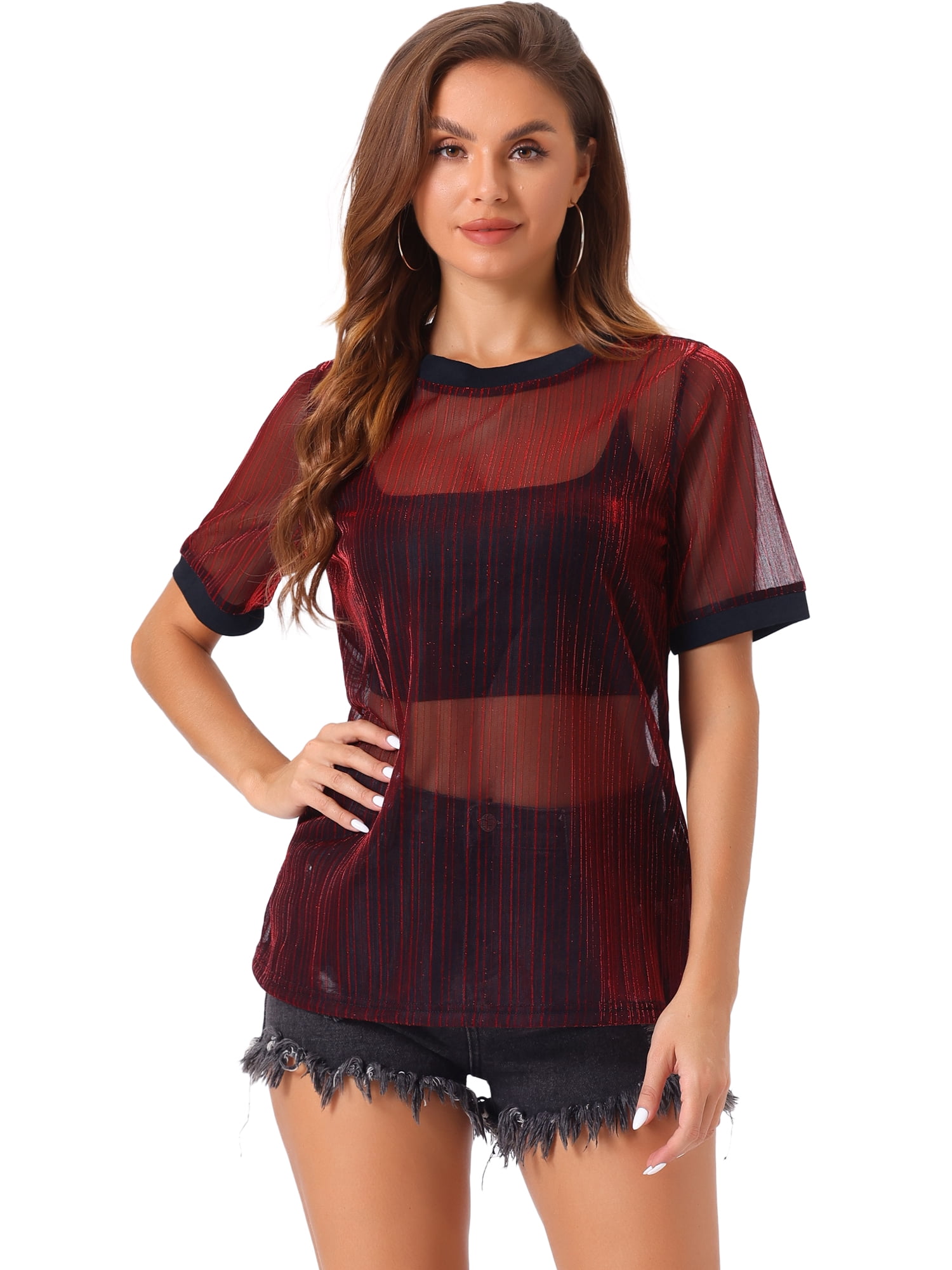 DARING DIVA Women's Sheer Mesh Top Contrast Short Sleeve T-Shirt S Dark Red
