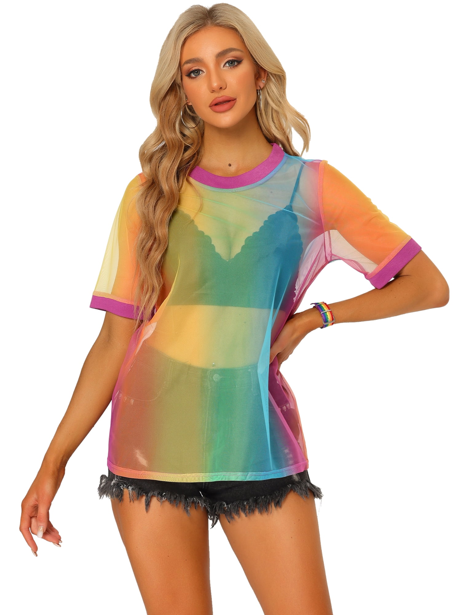 DARING DIVA Women's Sheer Mesh Top Contrast Short Sleeve T-Shirt XL Pink Rainbow