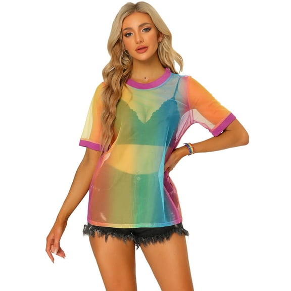 DARING DIVA Women's Sheer Mesh Top Contrast Short Sleeve T-Shirt XL Pink Rainbow
