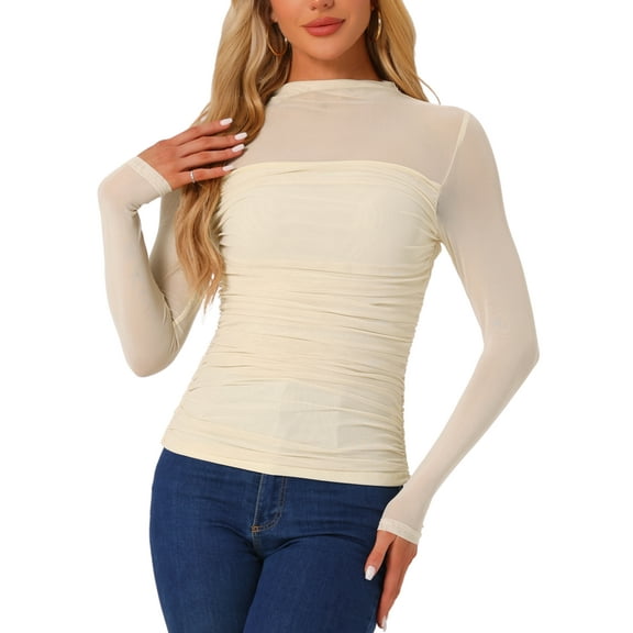 DARING DIVA Women's Sheer Panel with Side Shirring Mesh Top S Beige