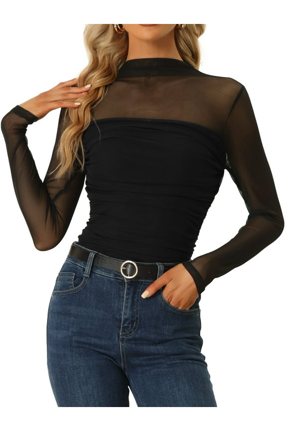 Women's Sheer Panel with Side Shirring Mesh Top XS Black