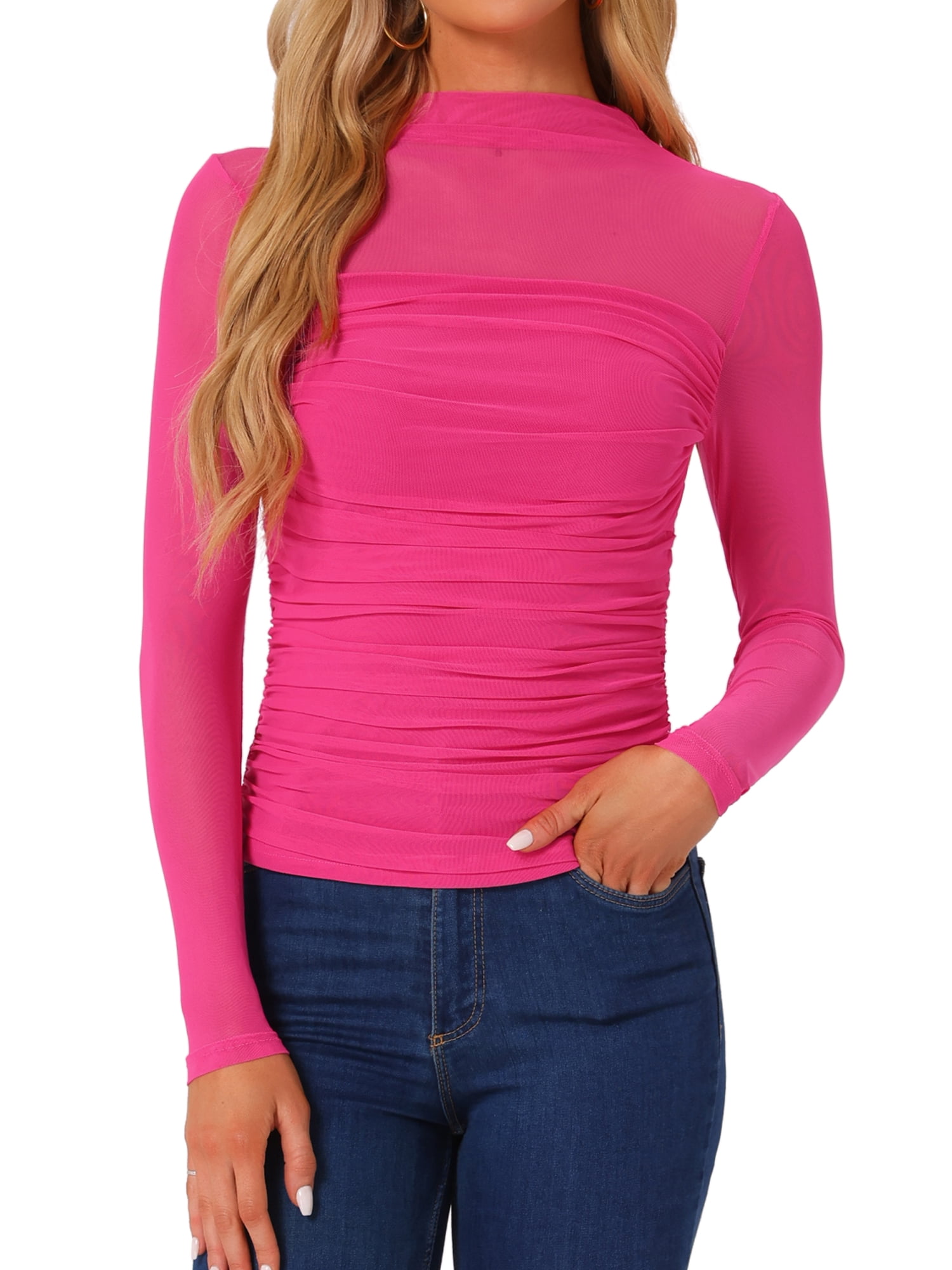 DARING DIVA Women's Sheer Panel with Side Shirring Mesh Top XS Hot Pink