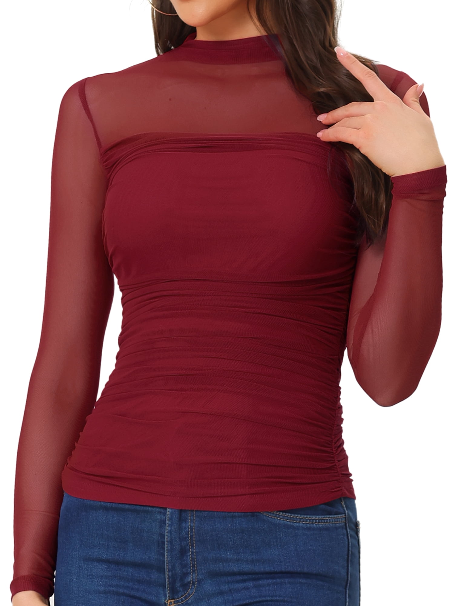 DARING DIVA Women's Sheer Panel with Side Shirring Mesh Top XS Red
