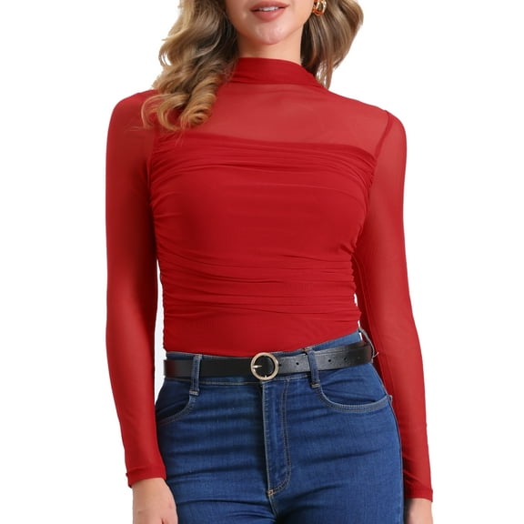 DARING DIVA Women's Sheer Panel with Side Shirring Mesh Top XS Reds