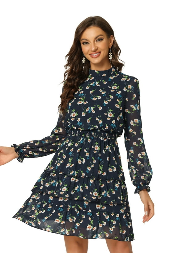 Women's Sheer Sleeve Floral Chiffon Dress S Deep Blue