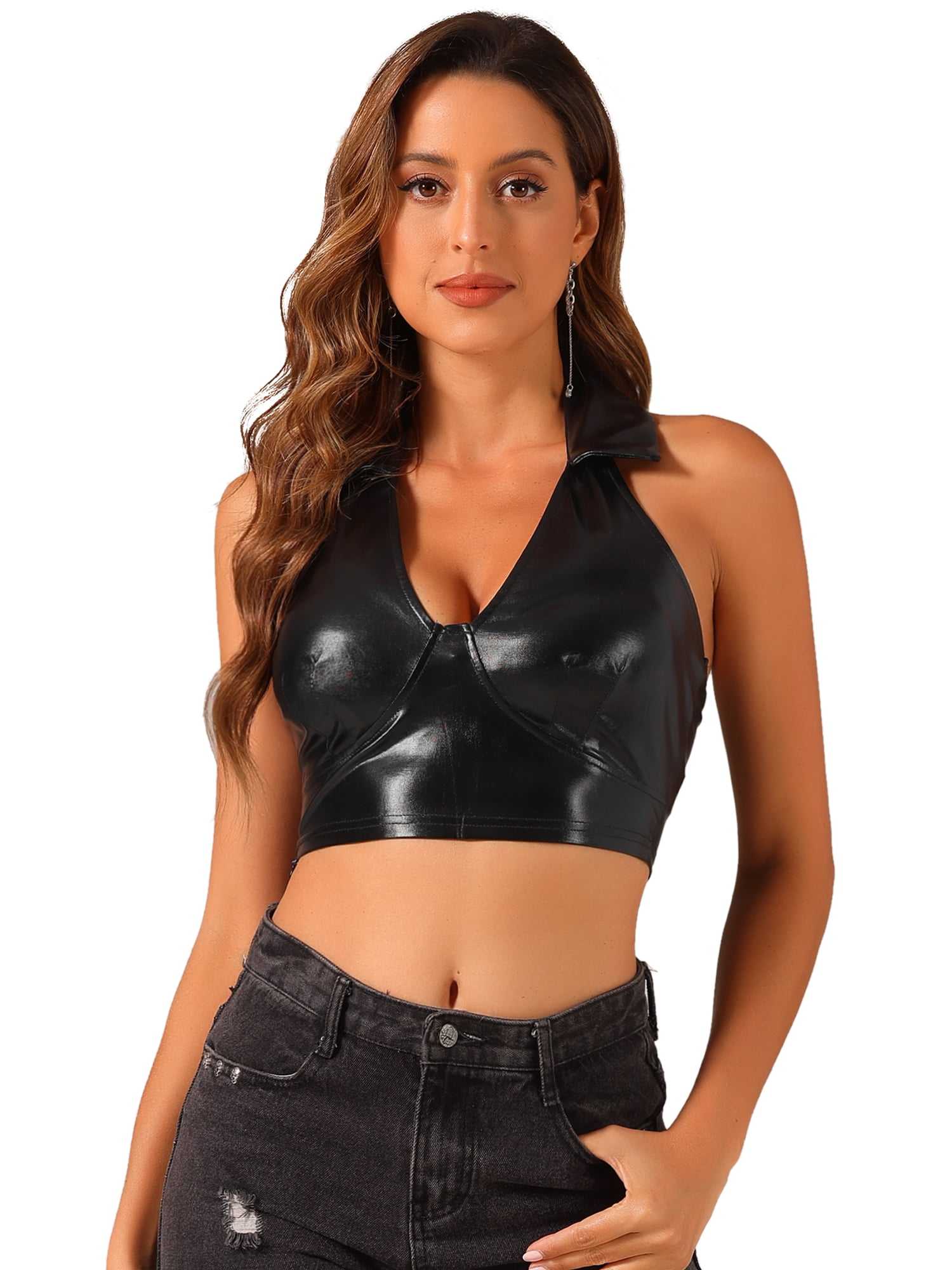 DARING DIVA Women's Shimmering Shiny Holographic Crop Halter Metallic Tops L Black