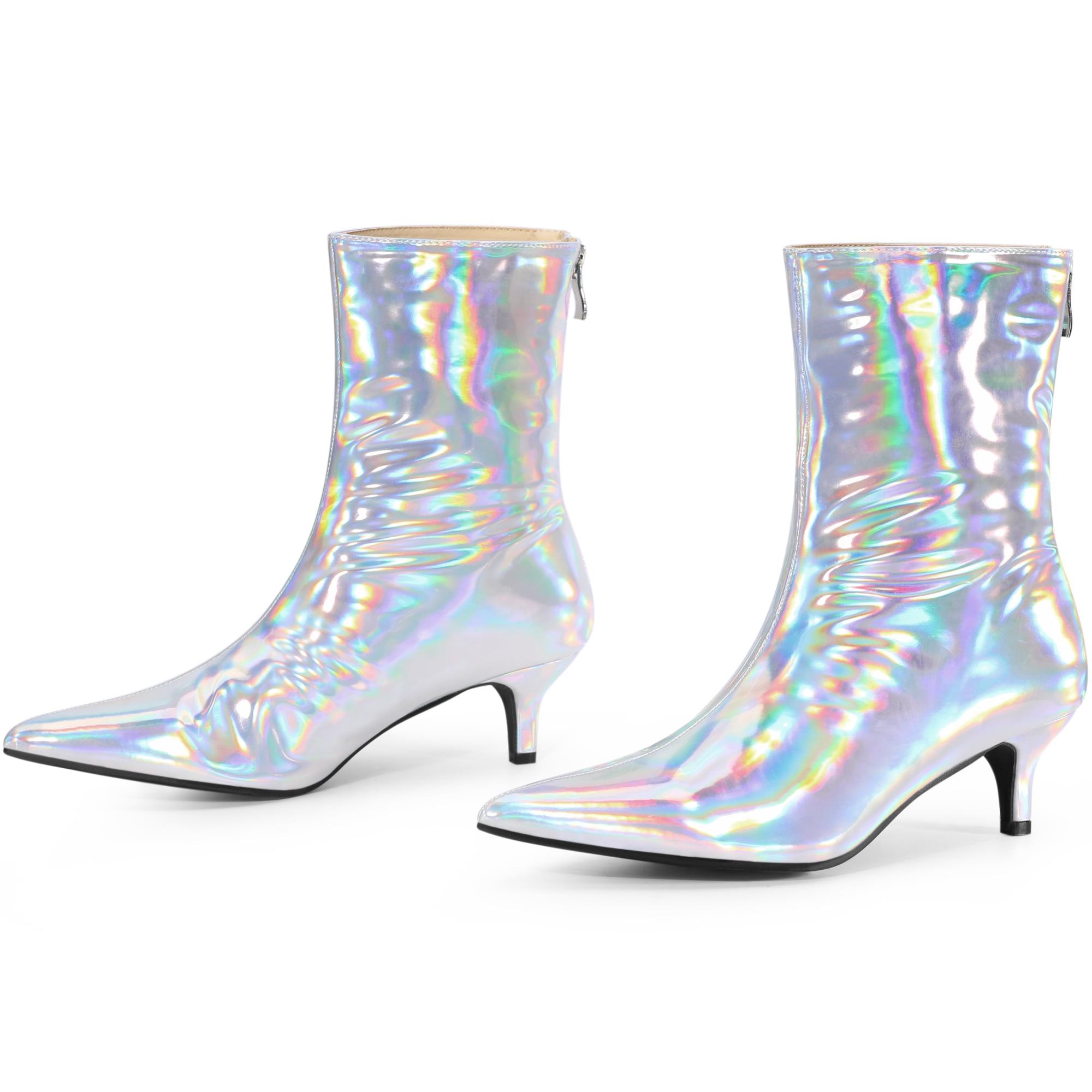 DARING DIVA Women's Shiny Kitten Low Heels Pointed Toe Ankle Boots Silver US 8.5