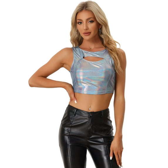 DARING DIVA Women's Shiny Metallic Crop Cut Out Party Tank Tops M Holographic Blue