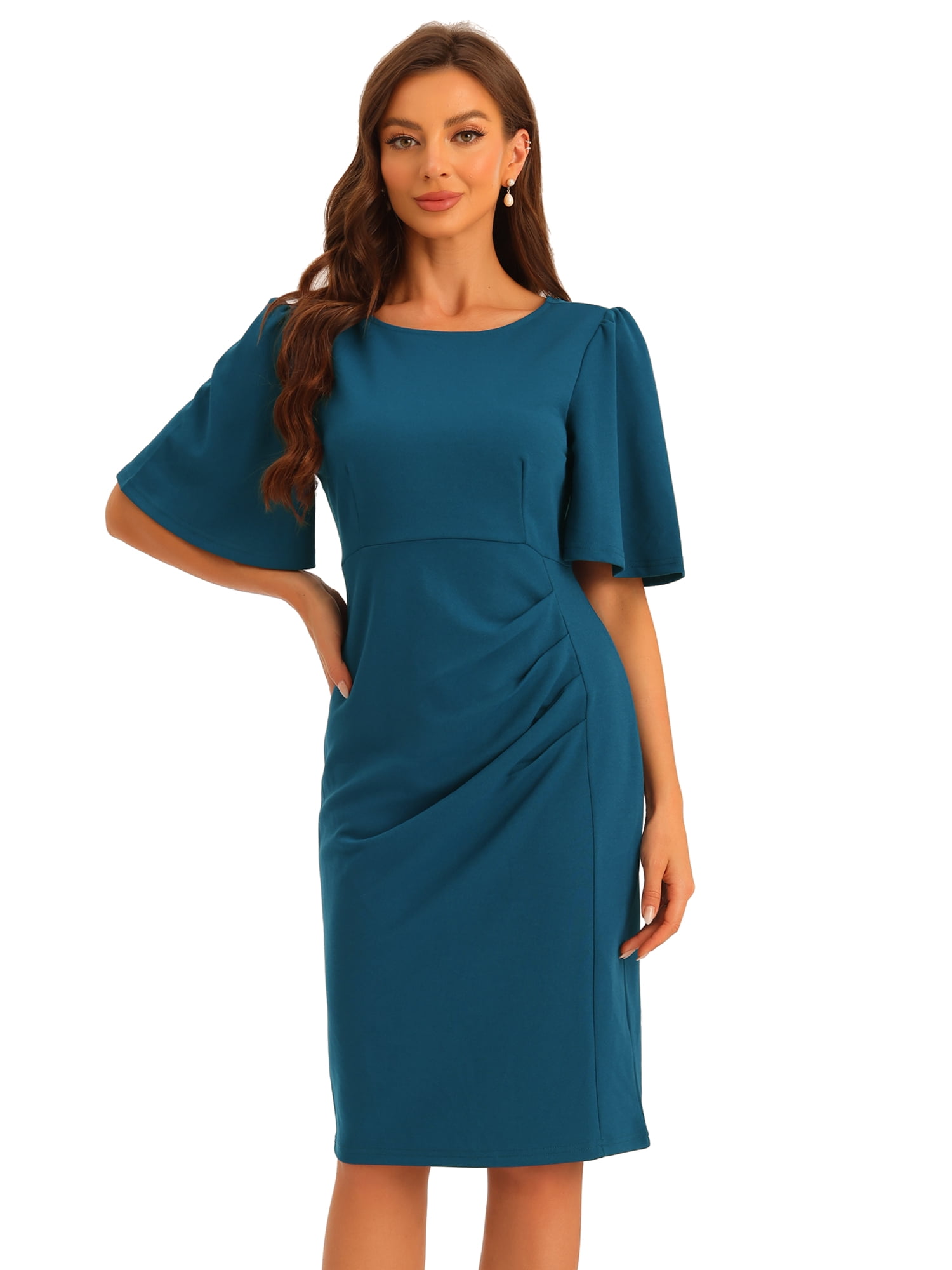 DARING DIVA Women's Short Bell Sleeve Pencil Office Work Sheath Dresses XS Lake Blue