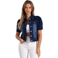 thumbnail image 1 of DARING DIVA Women's Short Puff Sleeves Button-Down Denim Jacket M Black Blue, 1 of 6