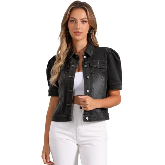 DARING DIVA Women's Short Puff Sleeves Button-Down Denim Jacket M Black