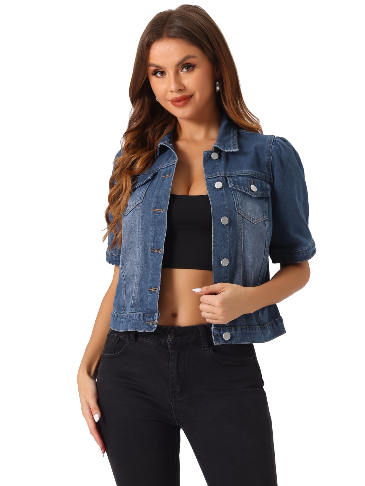 DARING DIVA Women's Short Puff Sleeves Button-Down Denim Jacket M Dark Blue