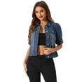 thumbnail image 1 of DARING DIVA Women's Short Puff Sleeves Button-Down Denim Jacket M Dark Blue, 1 of 6