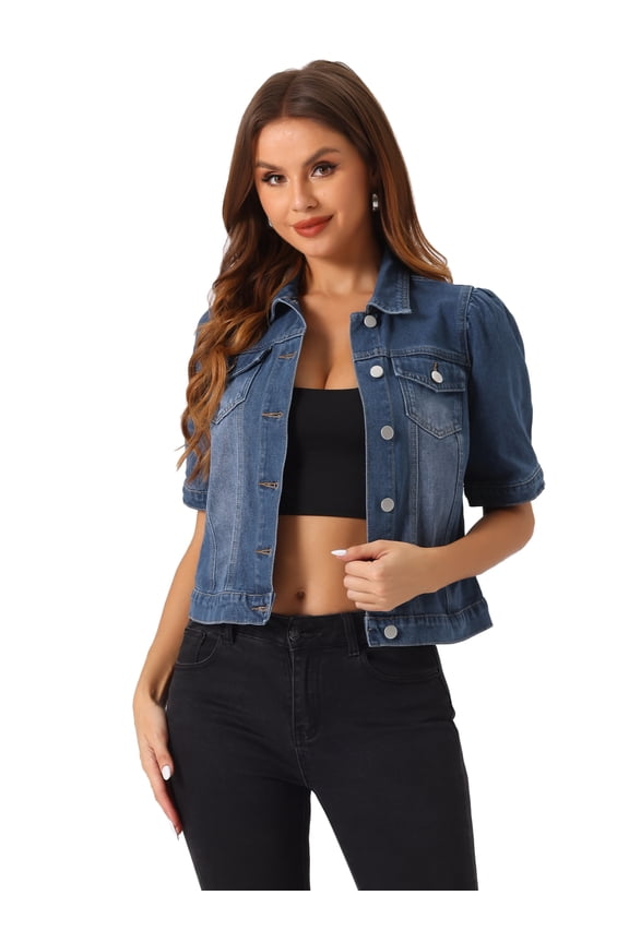 Women's Short Puff Sleeves Button-Down Denim Jacket M Dark Blue