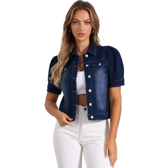 DARING DIVA Women's Short Puff Sleeves Button-Down Denim Jacket S Black Blue