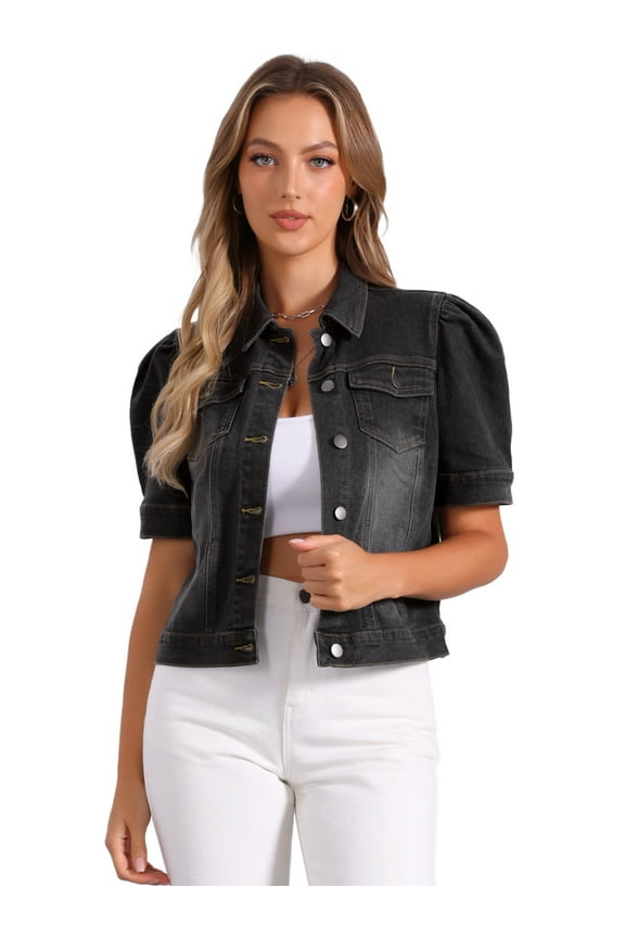 Women's Short Puff Sleeves Button-Down Denim Jacket XL Black