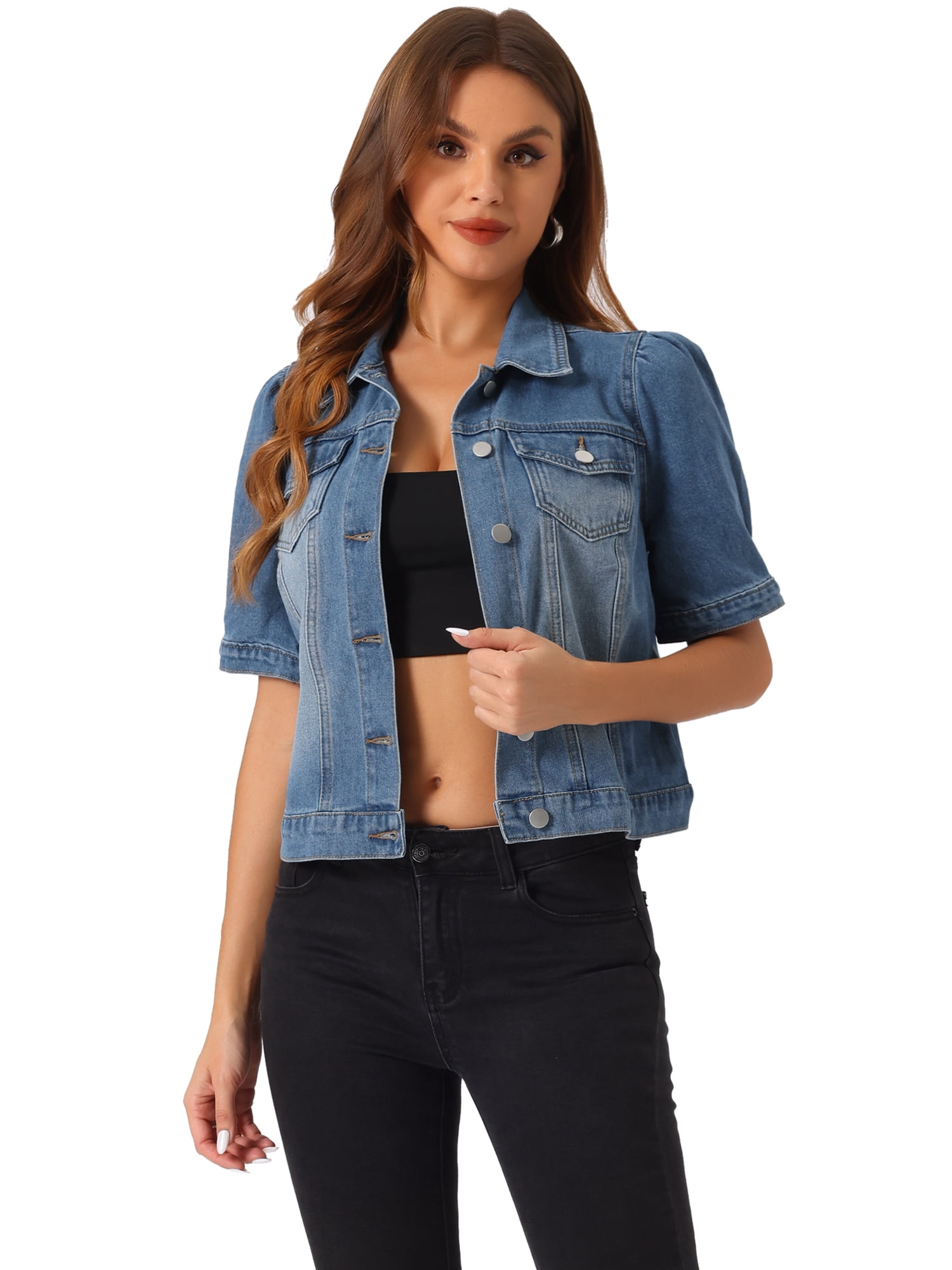 DARING DIVA Women's Short Puff Sleeves Button-Down Denim Jacket XL Medium Blue
