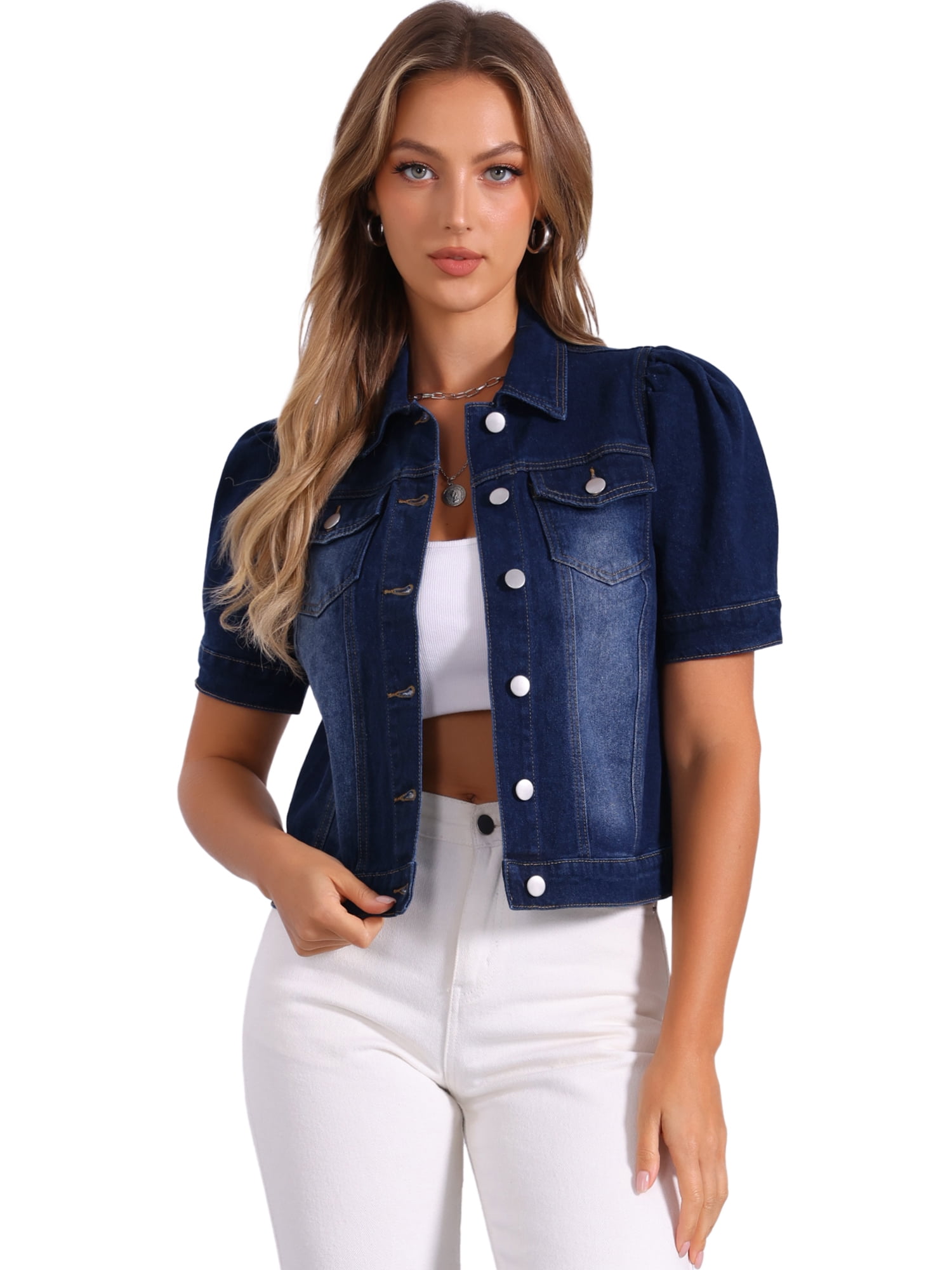 DARING DIVA Women's Short Puff Sleeves Button-Down Denim Jacket XS Black Blue