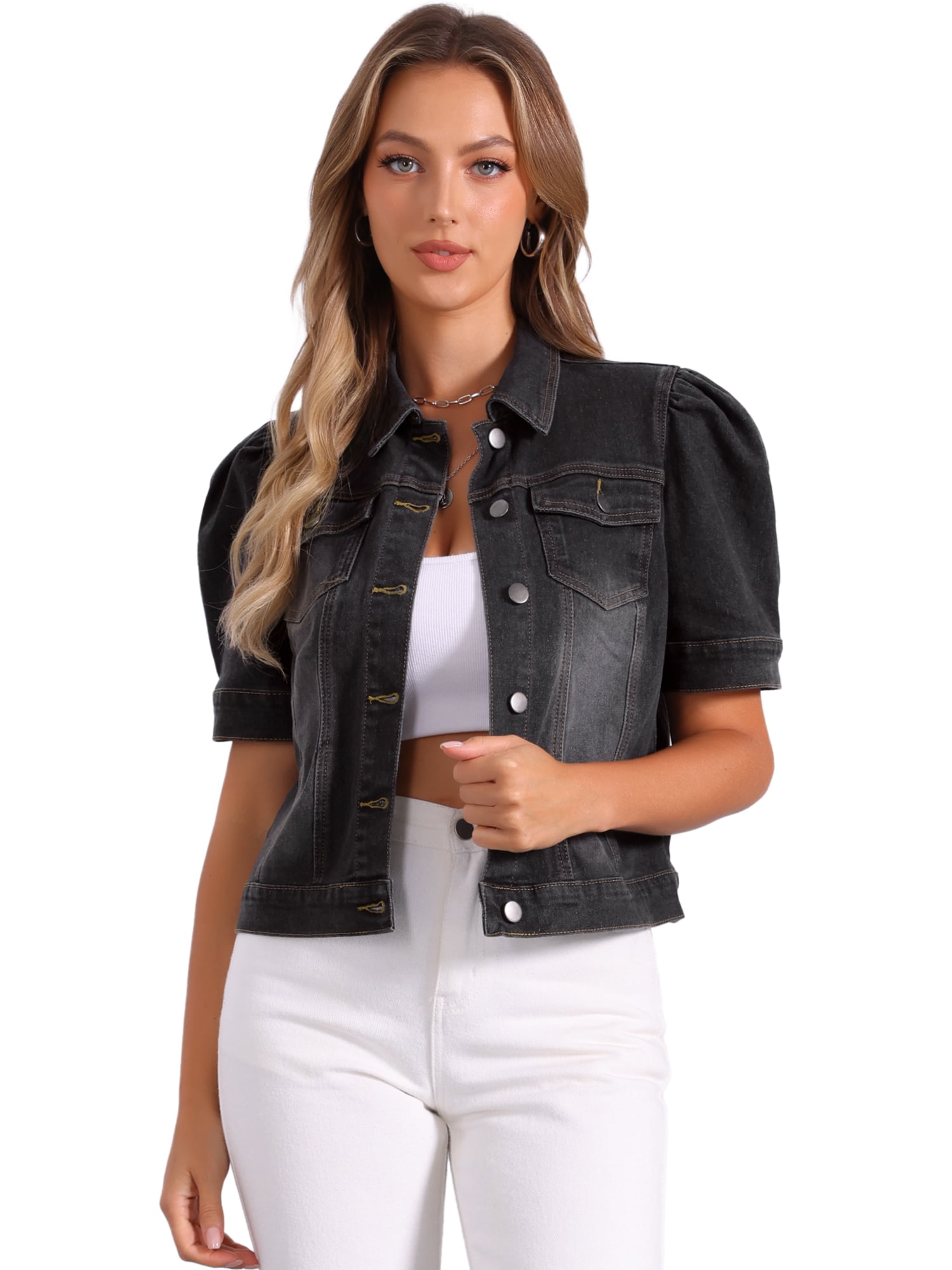 DARING DIVA Women's Short Puff Sleeves Button-Down Denim Jacket XS Black