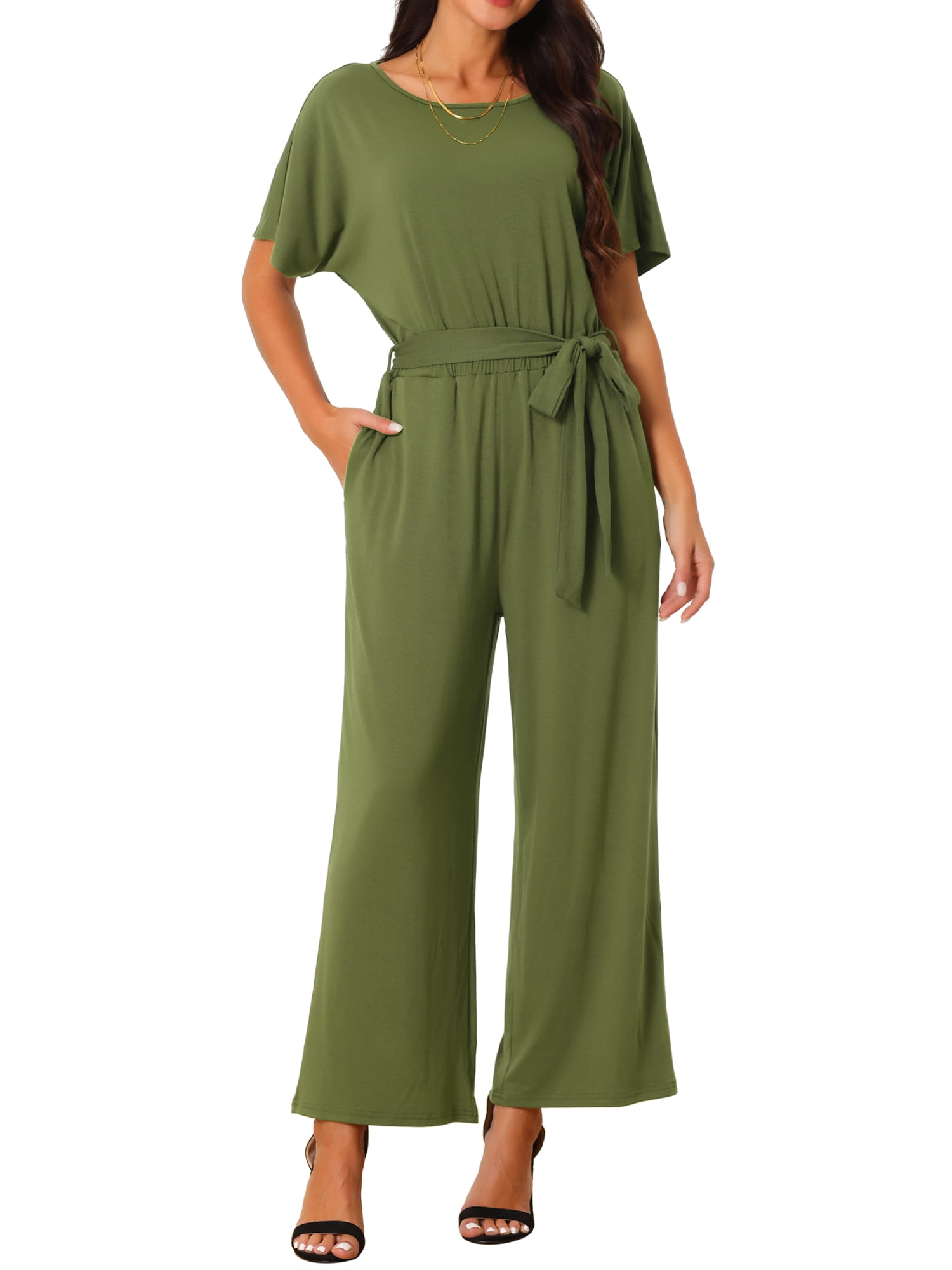 DARING DIVA Women's Short Sleeve Belted High Waist Wide Leg Jumpsuit XL Army Green